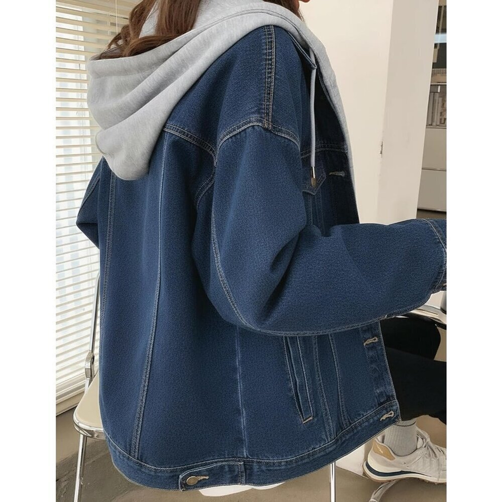 Women's Denim Jacket With Hood Oversized Distressed Jean Jackets Hoodie Z-Blue - Picture 2 of 5